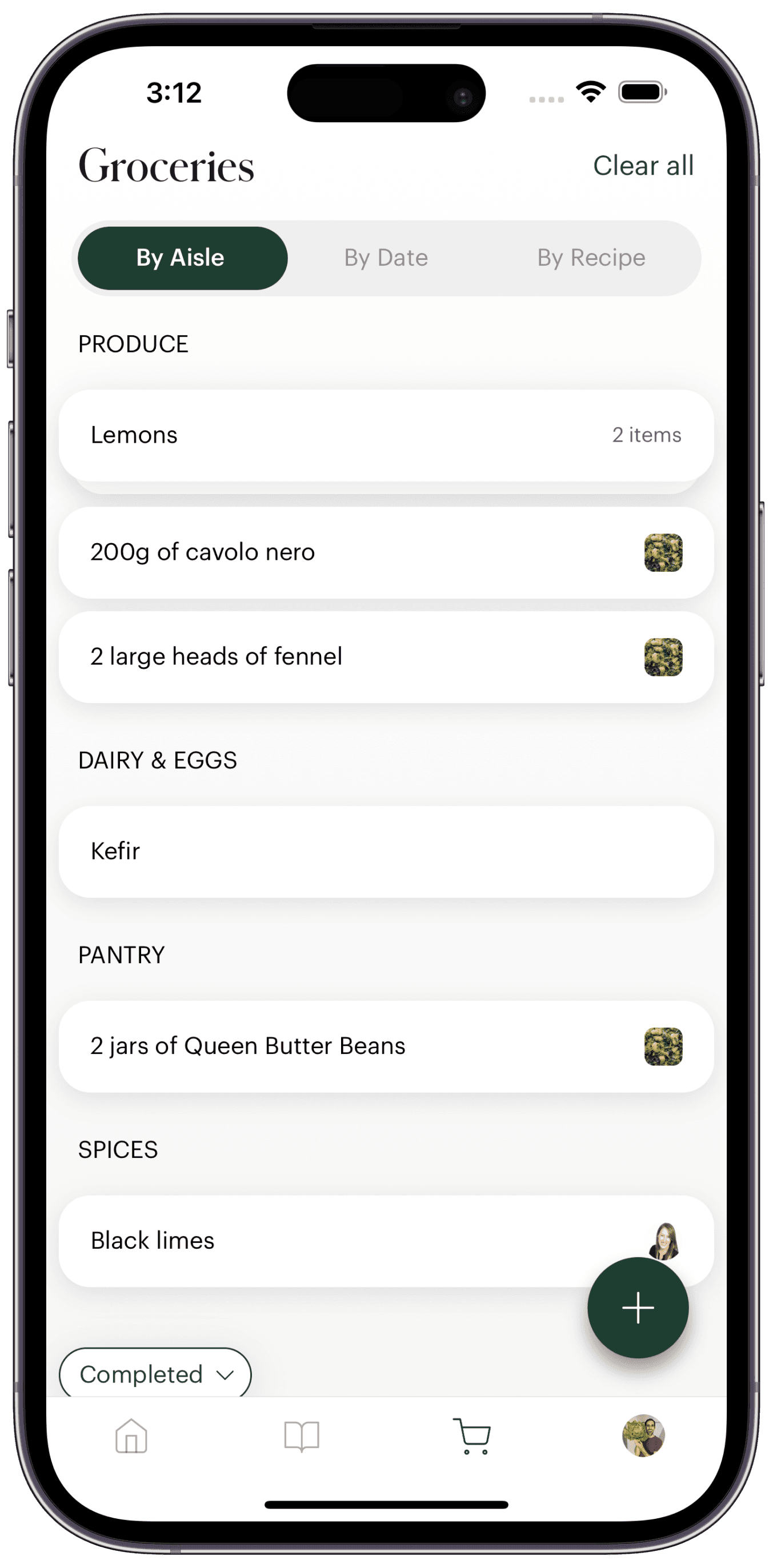 Screenshot of the Deglaze app Groceries screen showing items sorted by store aisle.