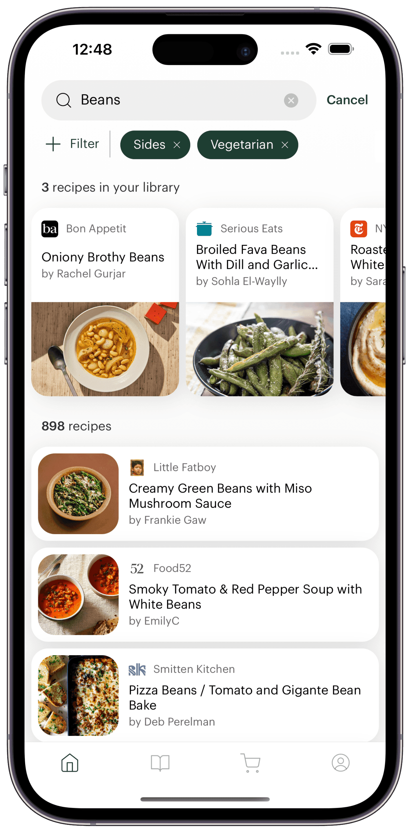 Screenshot of the Deglaze app search experience with filters and recipe results.